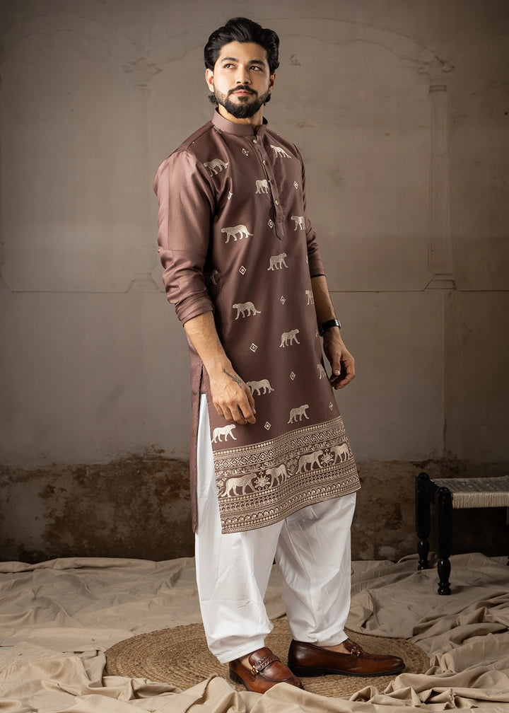 Pecan Brown Rayon Printed Kurta Pajama Set with Fine Embroidery