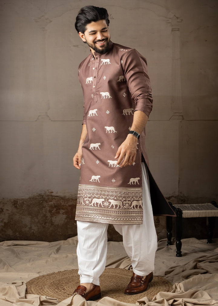 Pecan Brown Rayon Printed Kurta Pajama Set with Fine Embroidery