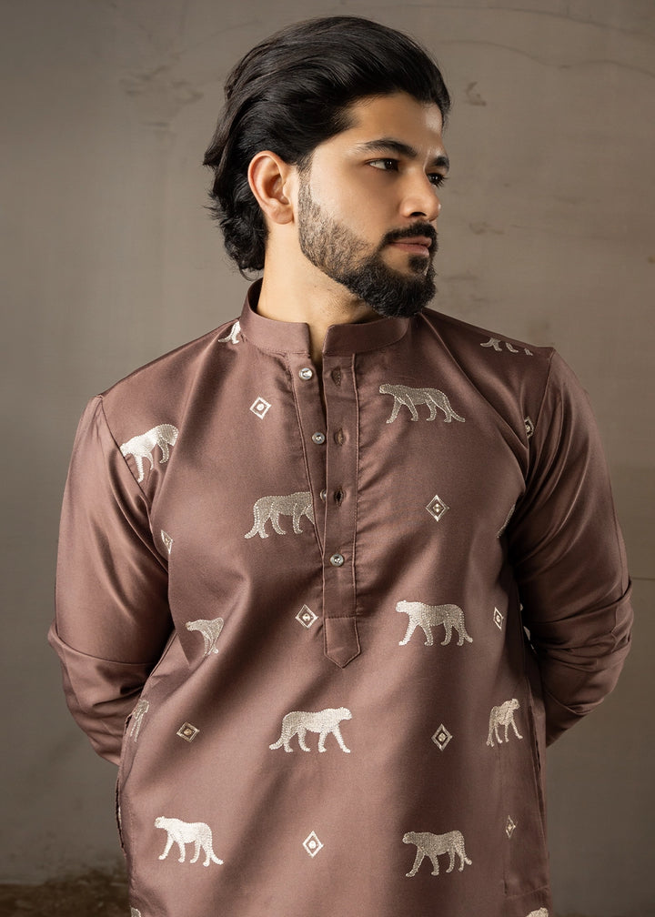 Pecan Brown Rayon Printed Kurta Pajama Set with Fine Embroidery