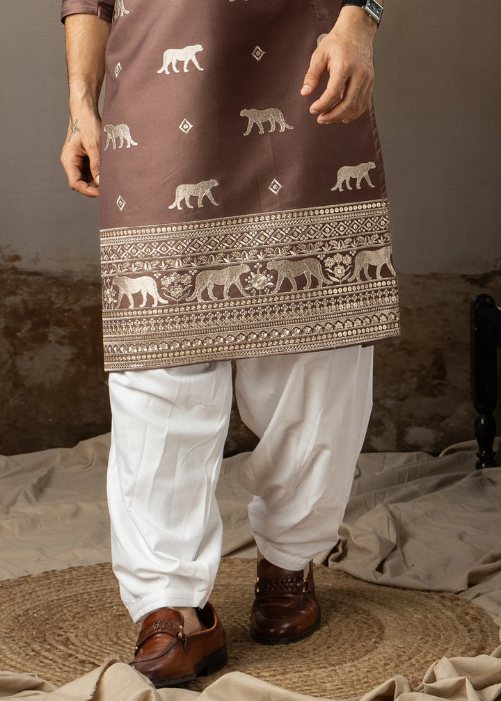 Pecan Brown Rayon Printed Kurta Pajama Set with Fine Embroidery