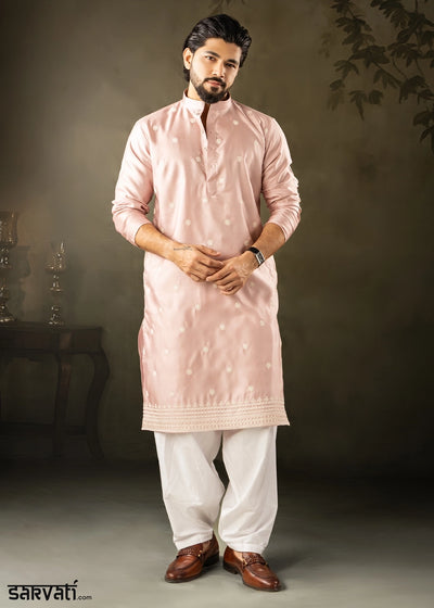 Peach Pink Rayon Printed Kurta Pajama Set with Fine Embroidery