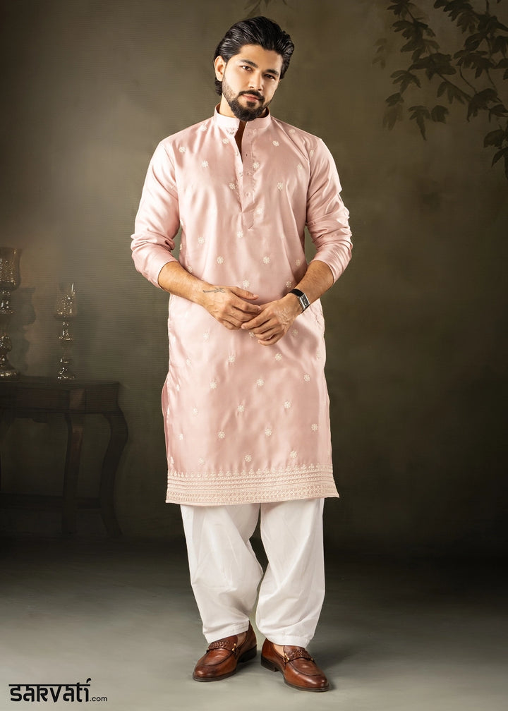 Peach Pink Rayon Printed Kurta Pajama Set with Fine Embroidery
