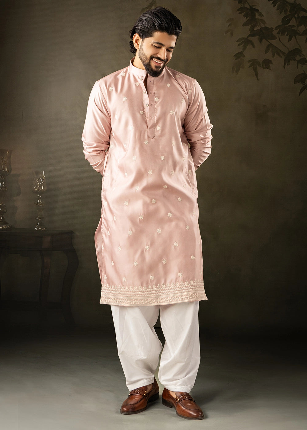 Peach Pink Rayon Printed Kurta Pajama Set with Fine Embroidery