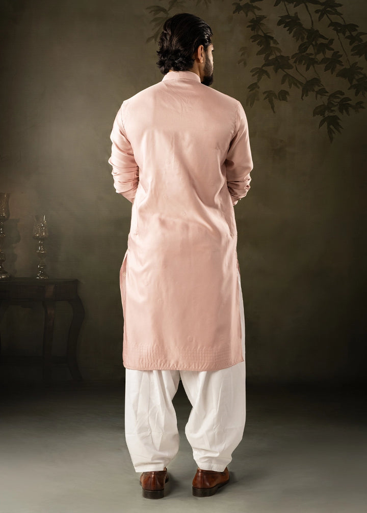 Peach Pink Rayon Printed Kurta Pajama Set with Fine Embroidery