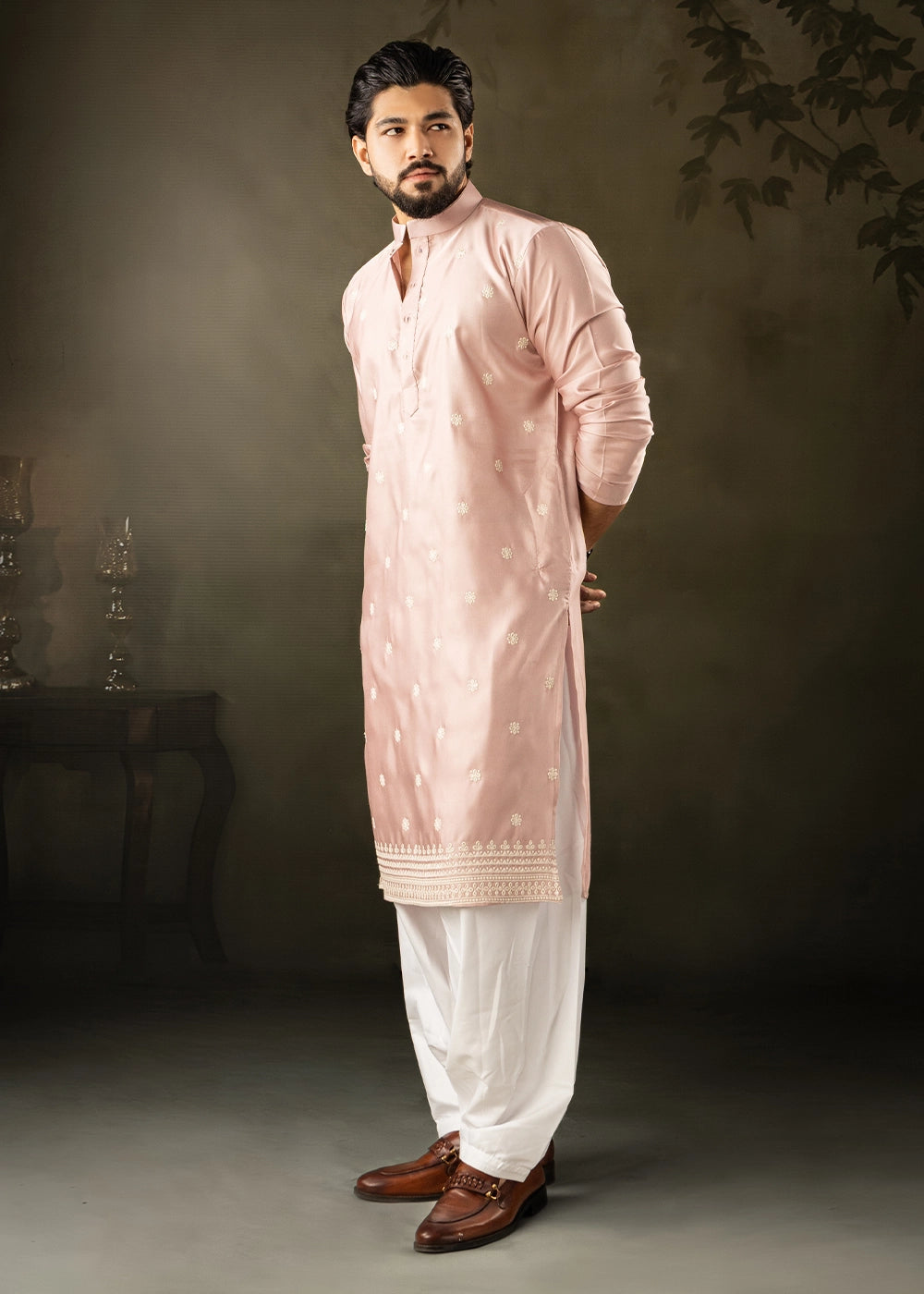 Peach Pink Rayon Printed Kurta Pajama Set with Fine Embroidery