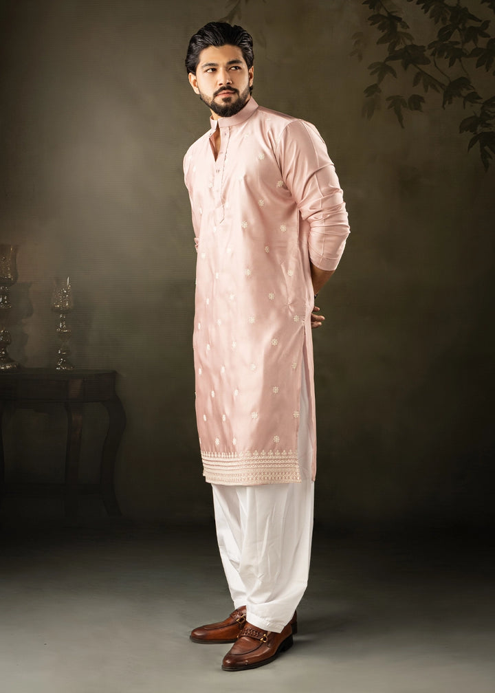 Peach Pink Rayon Printed Kurta Pajama Set with Fine Embroidery