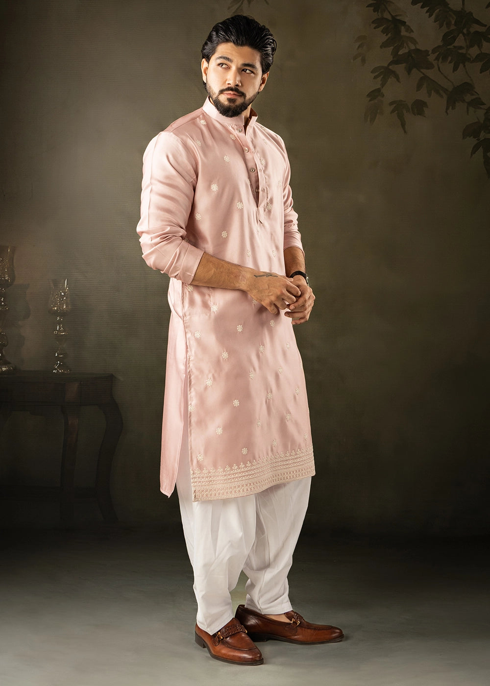 Peach Pink Rayon Printed Kurta Pajama Set with Fine Embroidery
