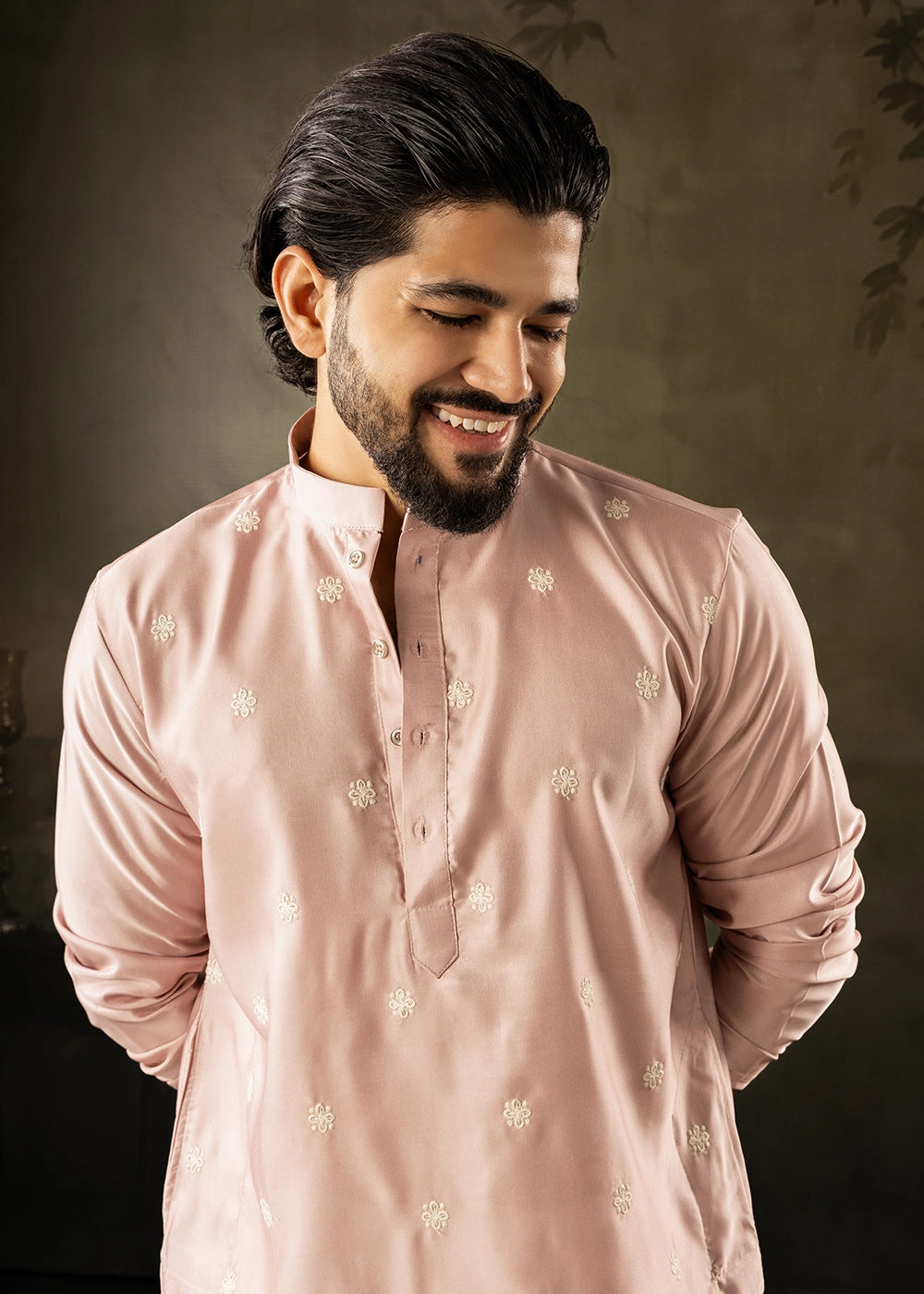 Peach Pink Rayon Printed Kurta Pajama Set with Fine Embroidery