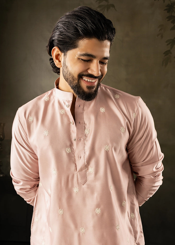 Peach Pink Rayon Printed Kurta Pajama Set with Fine Embroidery