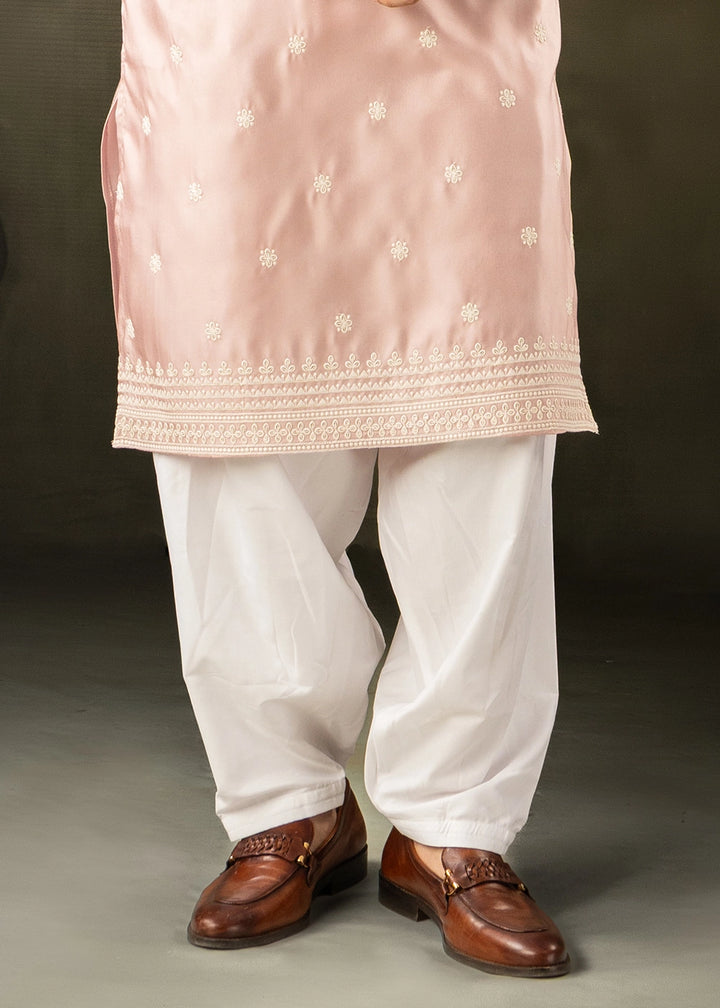 Peach Pink Rayon Printed Kurta Pajama Set with Fine Embroidery