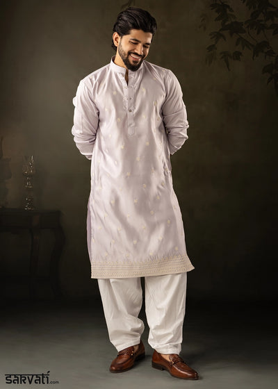 Light Purple Rayon Printed Kurta Pajama Set with Fine Embroidery