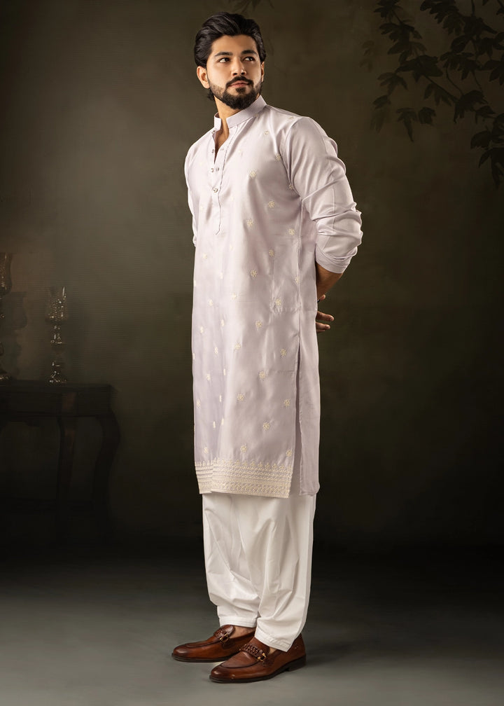 Light Purple Rayon Printed Kurta Pajama Set with Fine Embroidery