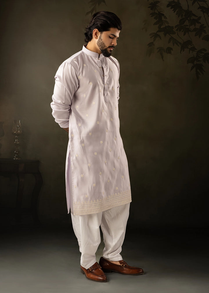 Light Purple Rayon Printed Kurta Pajama Set with Fine Embroidery