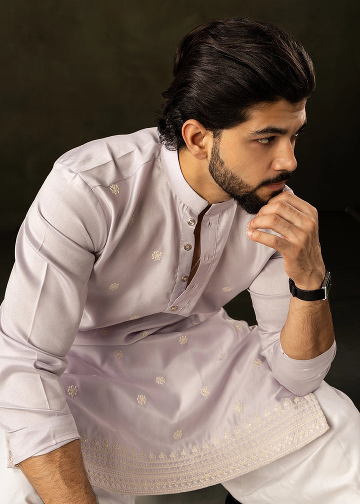 Light Purple Rayon Printed Kurta Pajama Set with Fine Embroidery