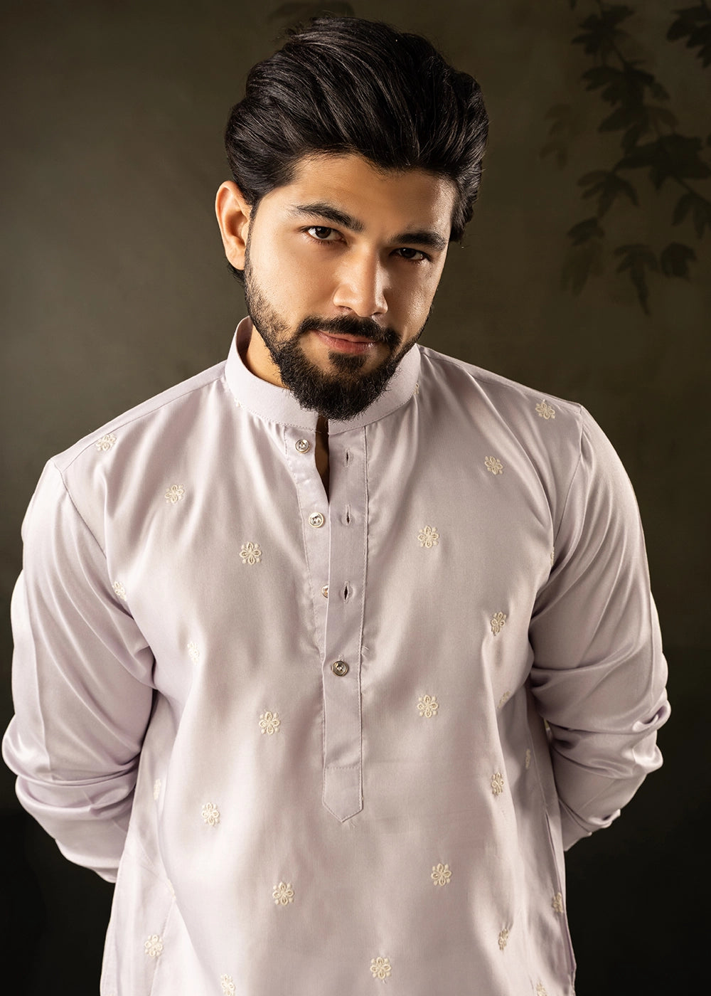 Light Purple Rayon Printed Kurta Pajama Set with Fine Embroidery