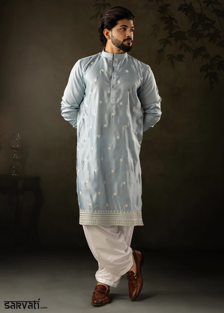Ice Blue Rayon Printed Kurta Pajama Set with Fine Embroidery