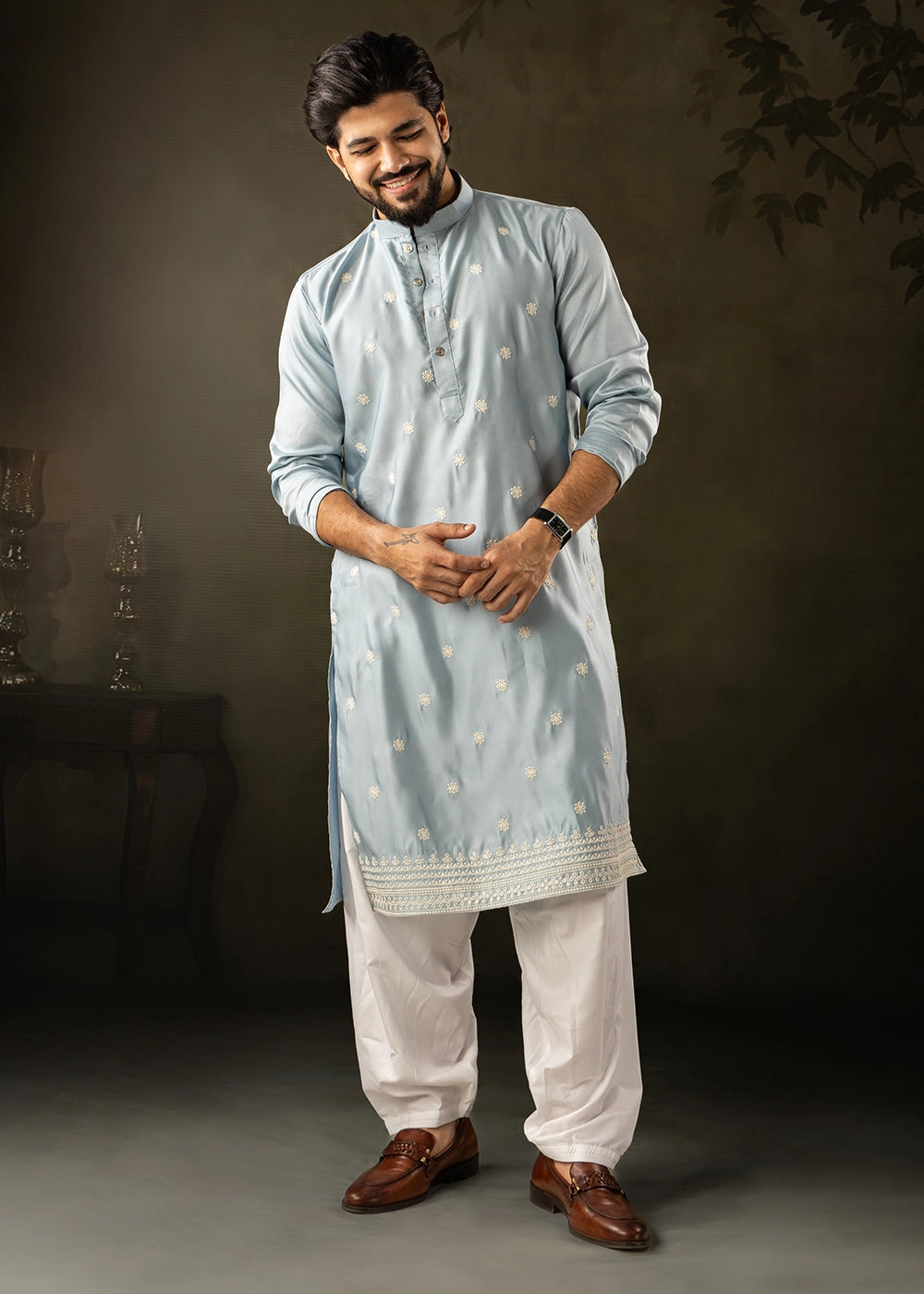 Ice Blue Rayon Printed Kurta Pajama Set with Fine Embroidery
