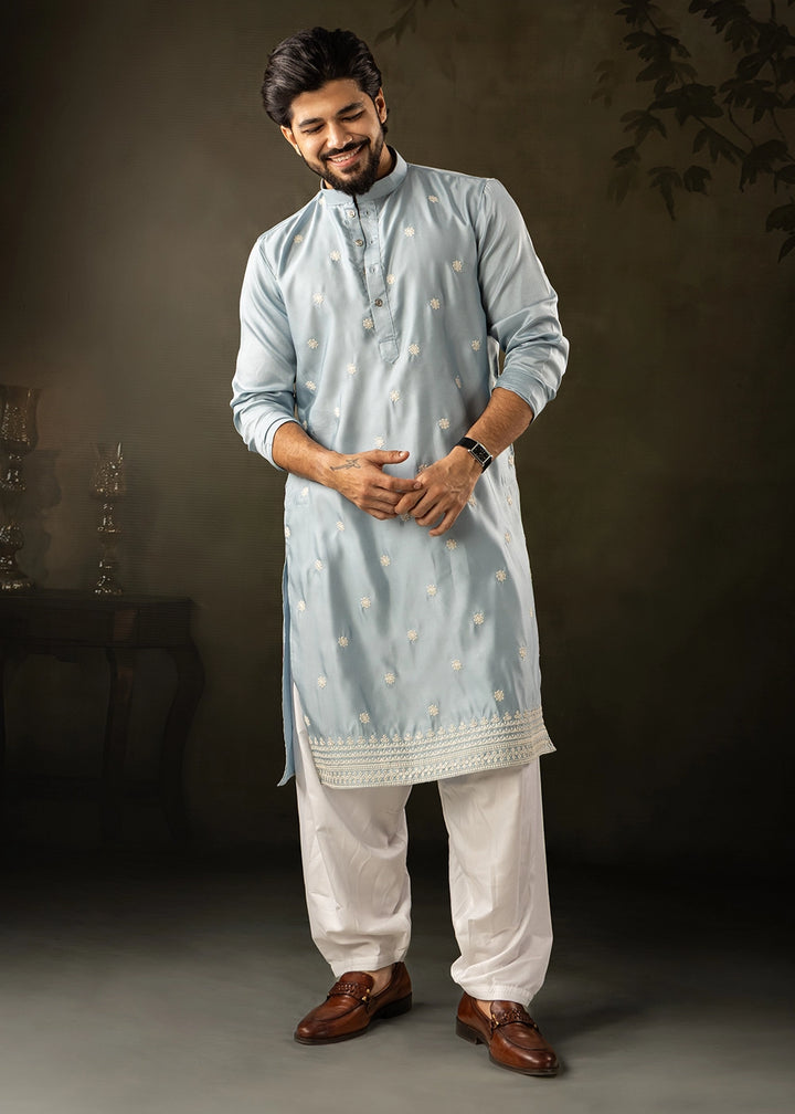 Ice Blue Rayon Printed Kurta Pajama Set with Fine Embroidery