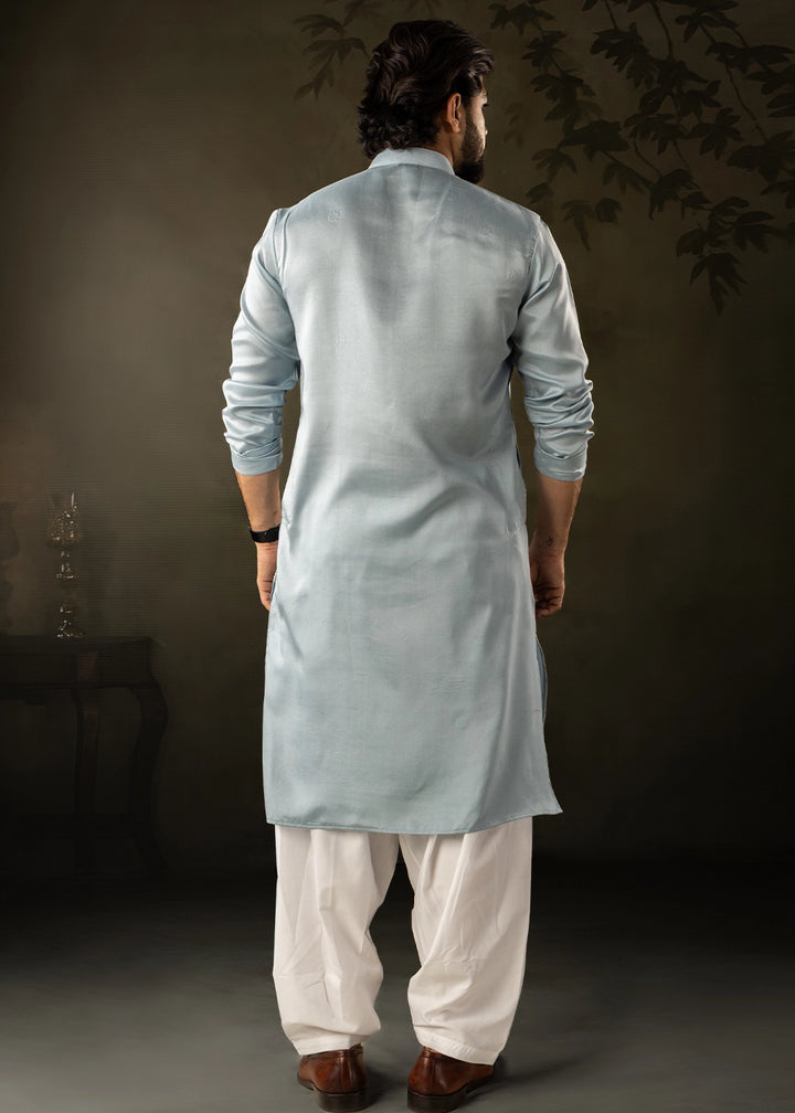 Ice Blue Rayon Printed Kurta Pajama Set with Fine Embroidery