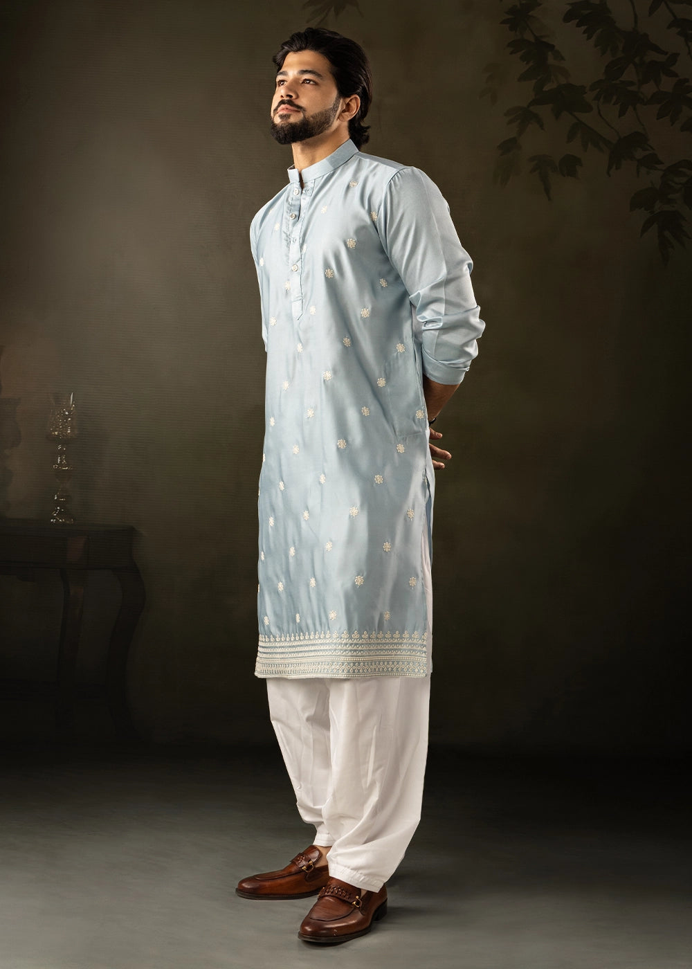 Ice Blue Rayon Printed Kurta Pajama Set with Fine Embroidery