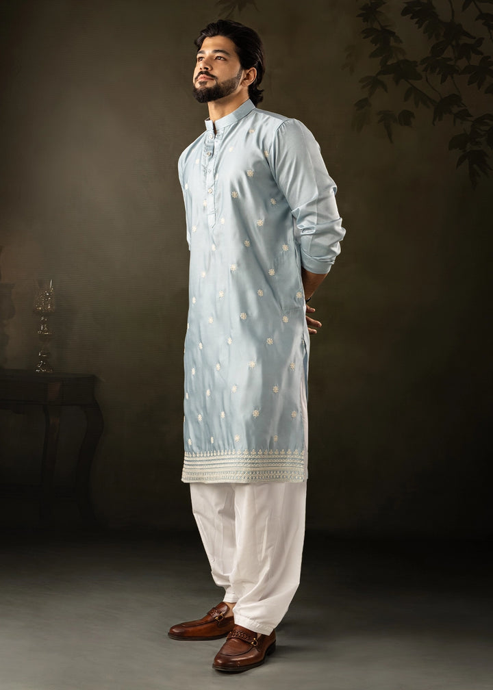 Ice Blue Rayon Printed Kurta Pajama Set with Fine Embroidery