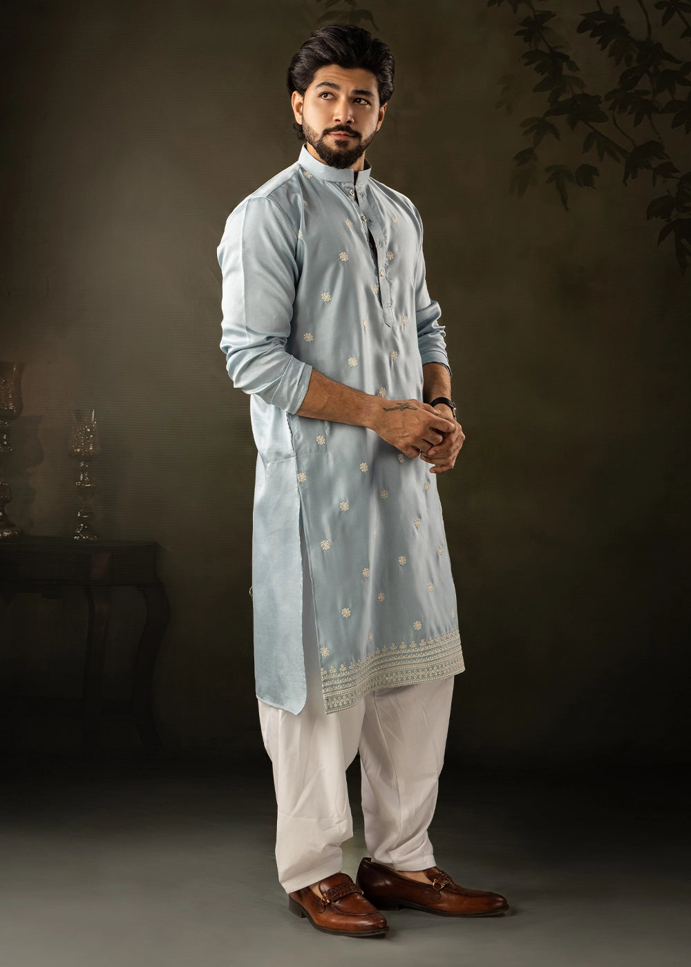 Ice Blue Rayon Printed Kurta Pajama Set with Fine Embroidery