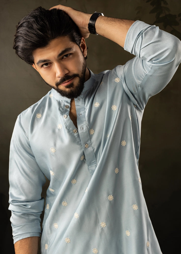 Ice Blue Rayon Printed Kurta Pajama Set with Fine Embroidery