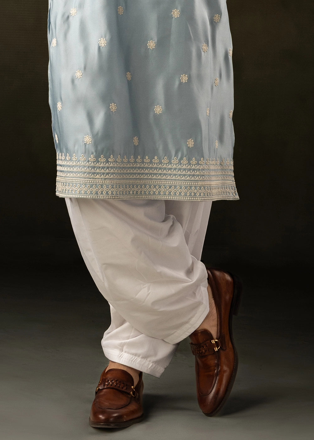 Ice Blue Rayon Printed Kurta Pajama Set with Fine Embroidery