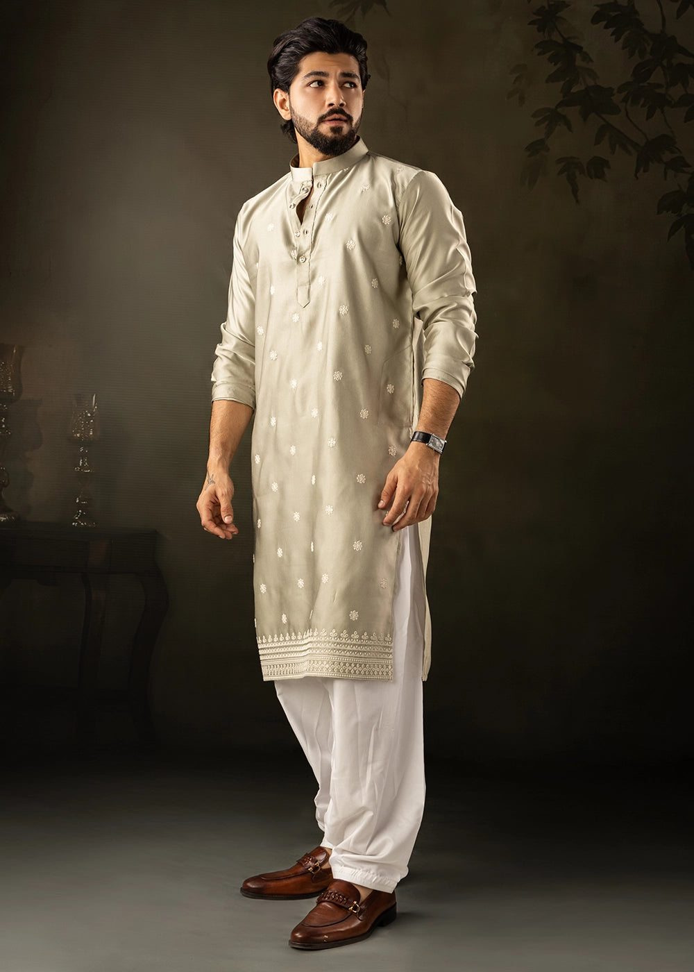 Tea Green Rayon Printed Kurta Pajama Set with Fine Embroidery