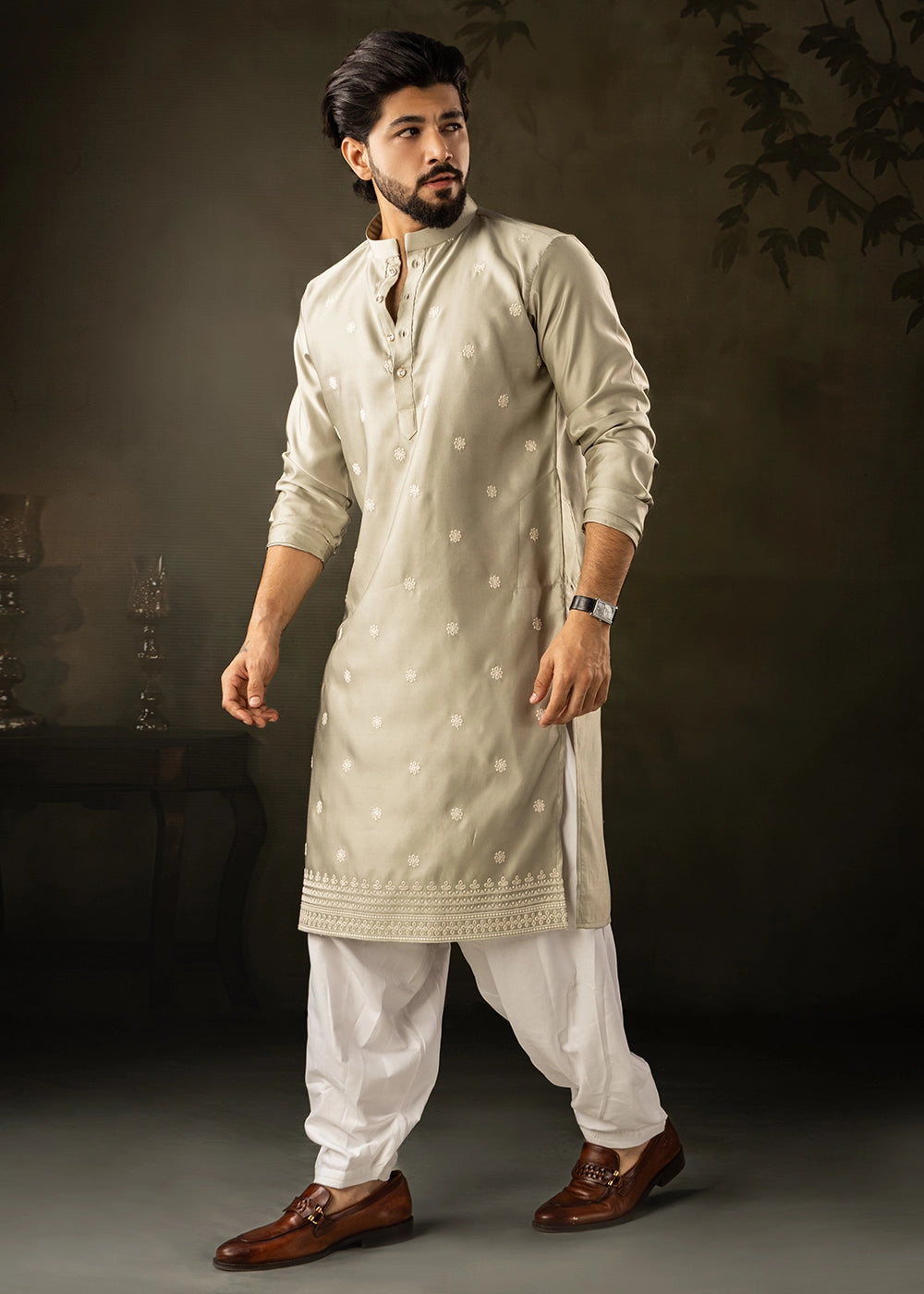 Tea Green Rayon Printed Kurta Pajama Set with Fine Embroidery