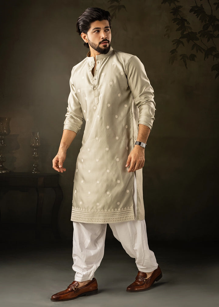 Tea Green Rayon Printed Kurta Pajama Set with Fine Embroidery