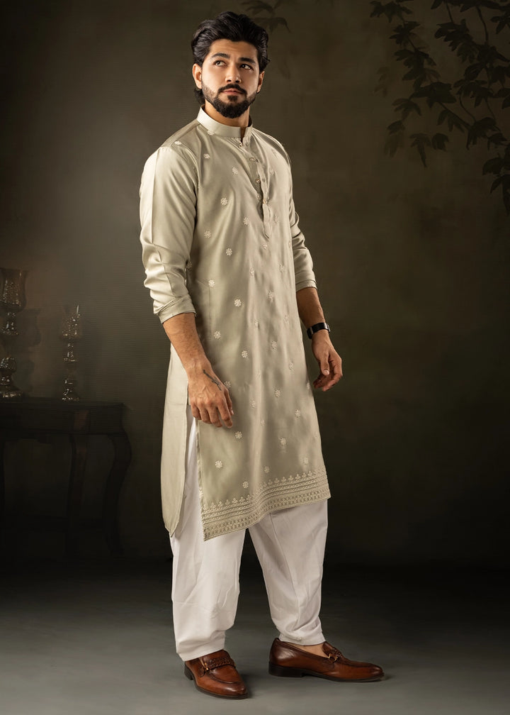 Tea Green Rayon Printed Kurta Pajama Set with Fine Embroidery