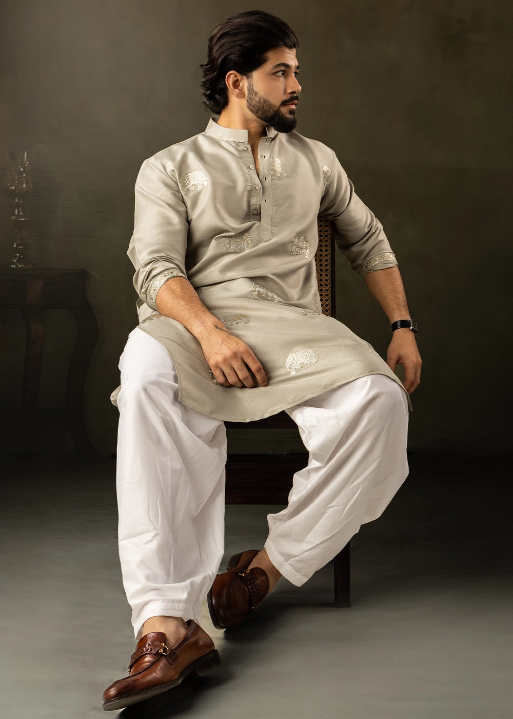 Tea Green Rayon Printed Kurta Pajama Set with Fine Embroidery