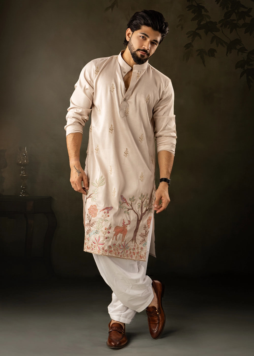 Cream White Rayon Printed Kurta Pajama Set with Fine Embroidery