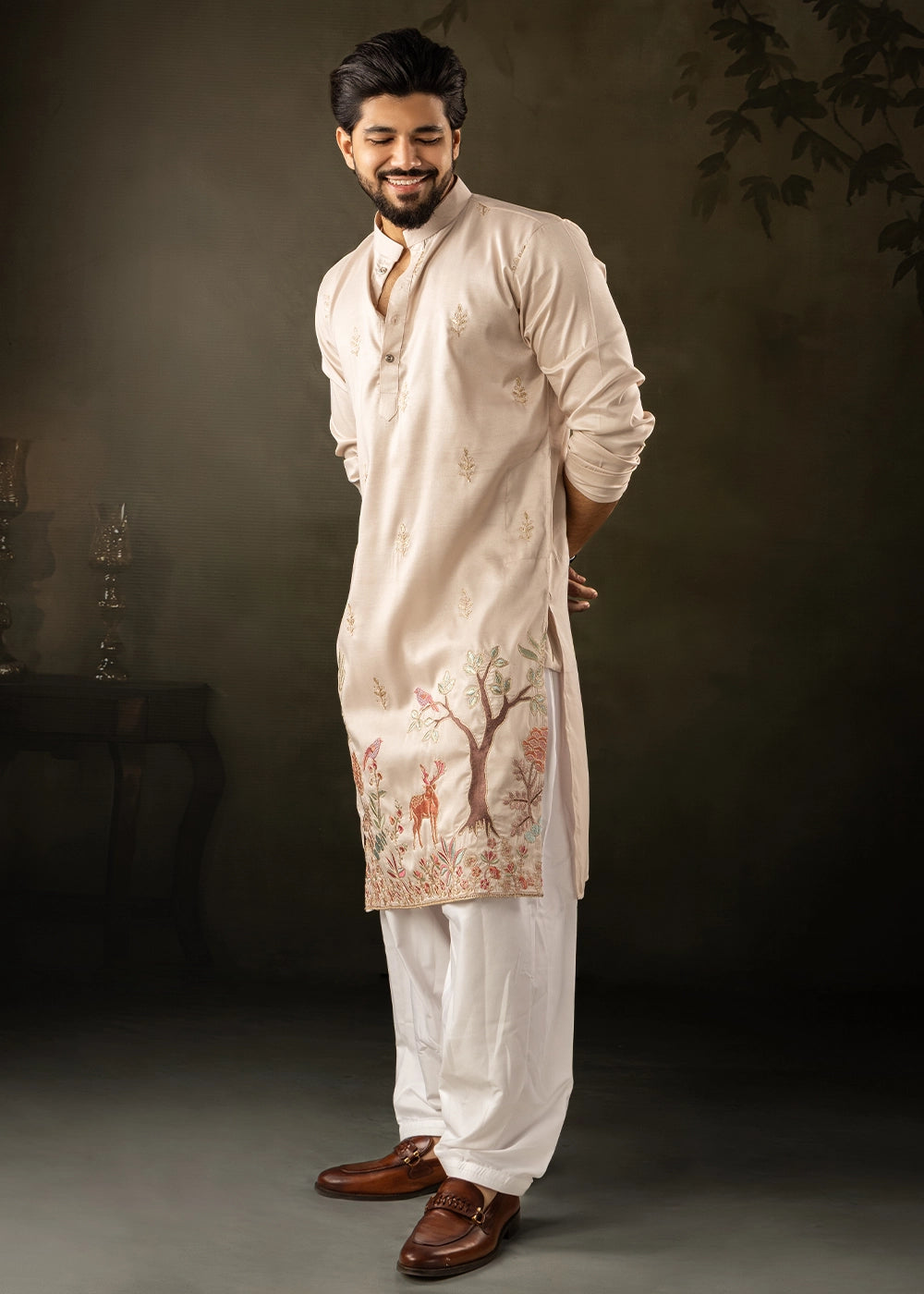 Beige Brown Rayon Printed Kurta Pajama Set with Fine Embroidery