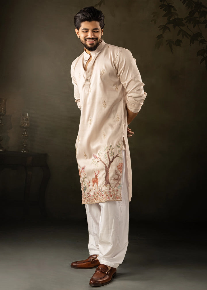 Beige Brown Rayon Printed Kurta Pajama Set with Fine Embroidery