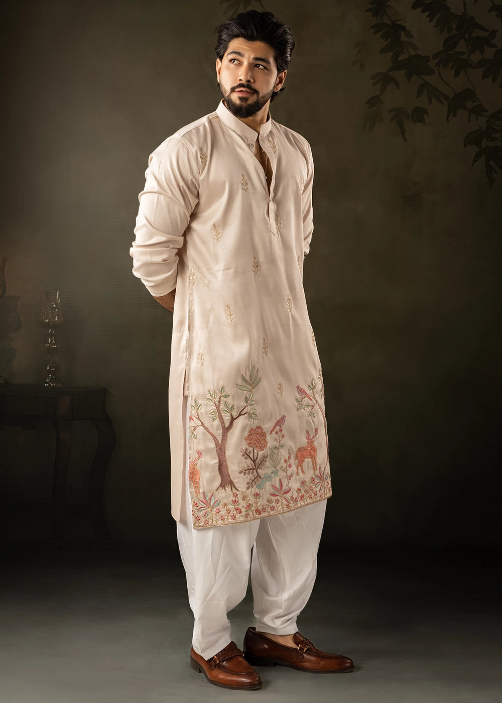 Beige Brown Rayon Printed Kurta Pajama Set with Fine Embroidery