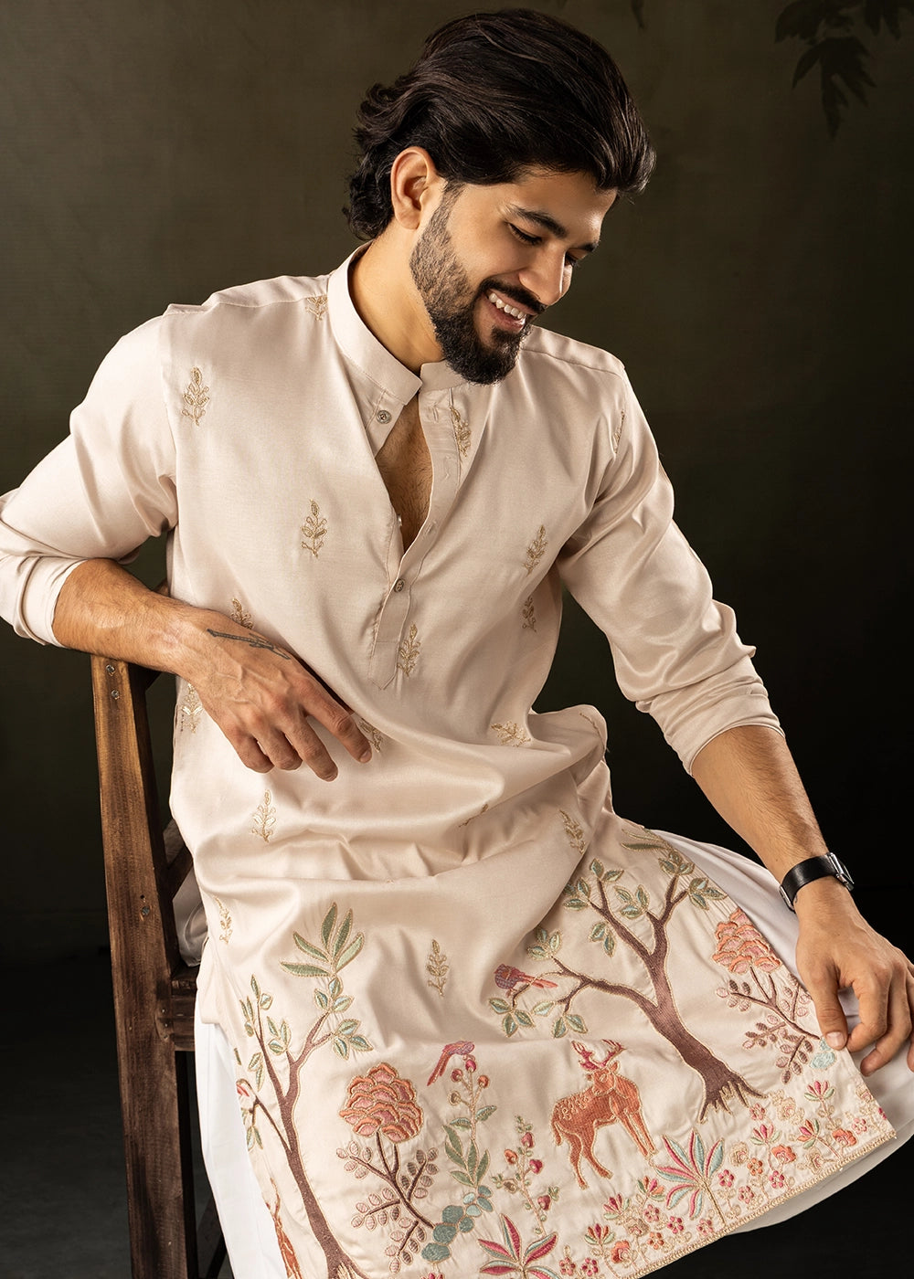 Beige Brown Rayon Printed Kurta Pajama Set with Fine Embroidery