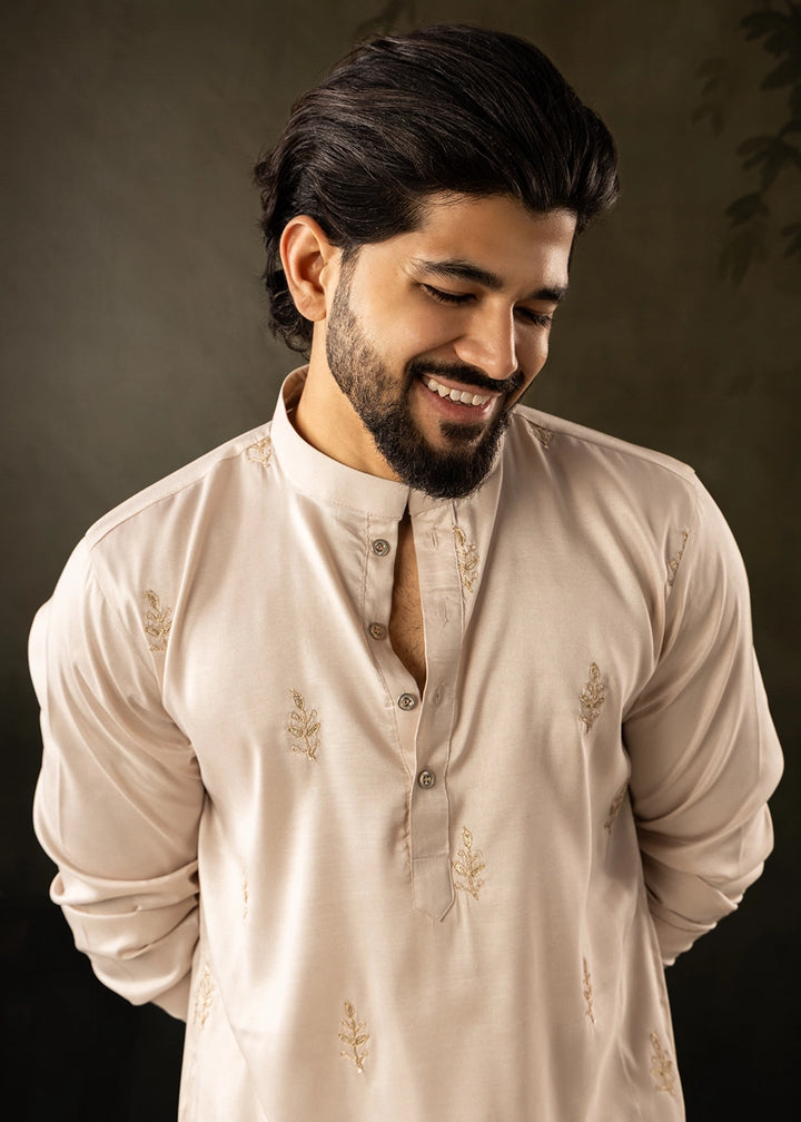 Beige Brown Rayon Printed Kurta Pajama Set with Fine Embroidery