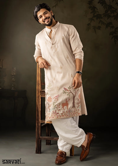 Beige Brown Rayon Printed Kurta Pajama Set with Fine Embroidery
