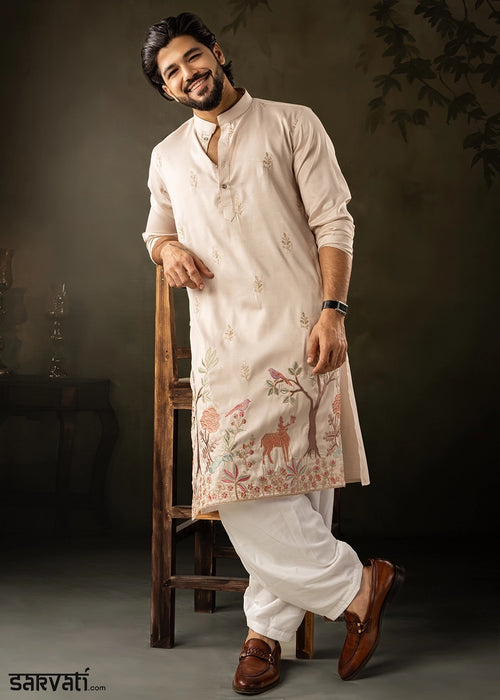 Beige Brown Rayon Printed Kurta Pajama Set with Fine Embroidery