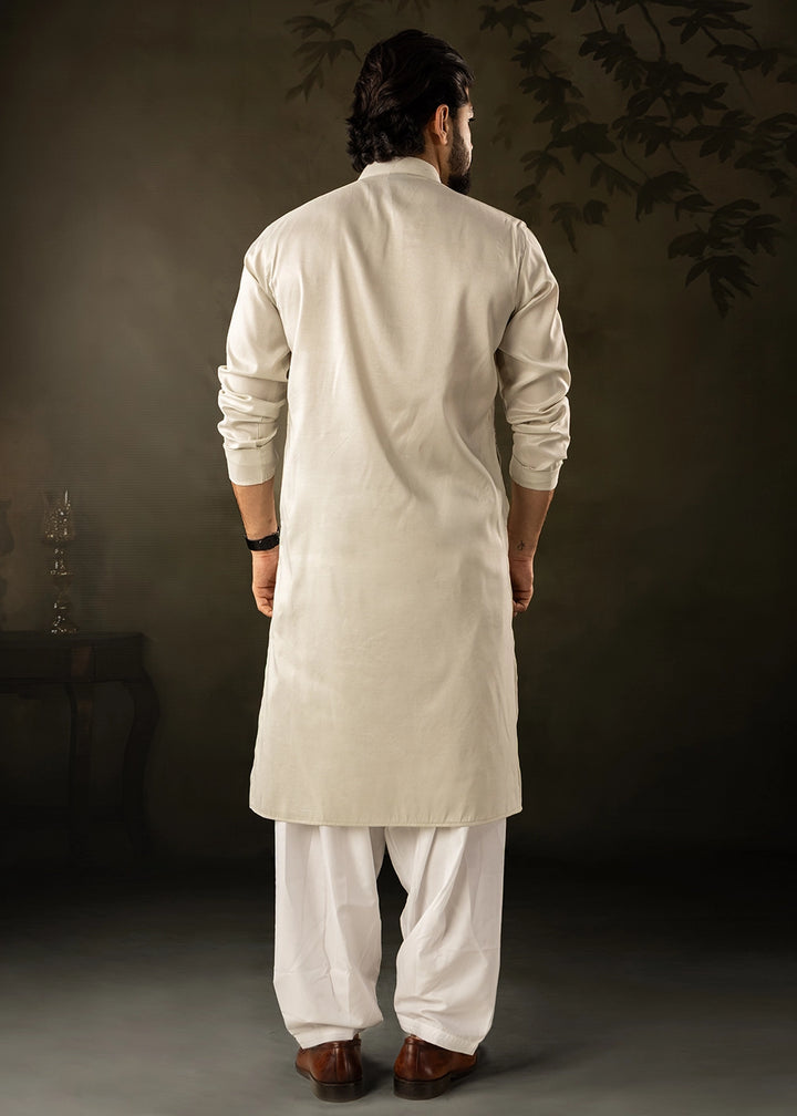 Cream White Rayon Printed Kurta Pajama Set with Fine Embroidery