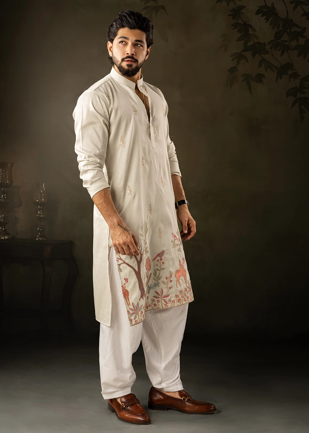 Cream White Rayon Printed Kurta Pajama Set with Fine Embroidery