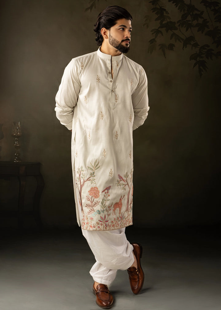 Cream White Rayon Printed Kurta Pajama Set with Fine Embroidery