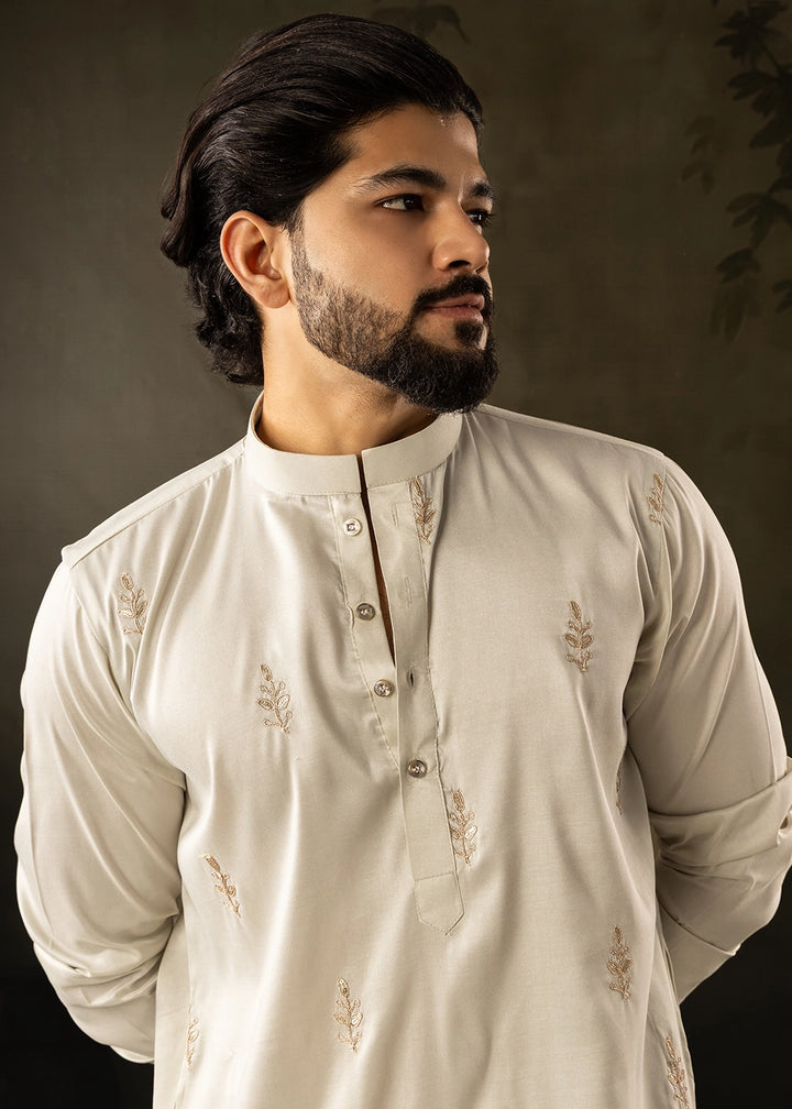 Cream White Rayon Printed Kurta Pajama Set with Fine Embroidery