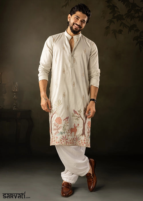 Cream White Rayon Printed Kurta Pajama Set with Fine Embroidery
