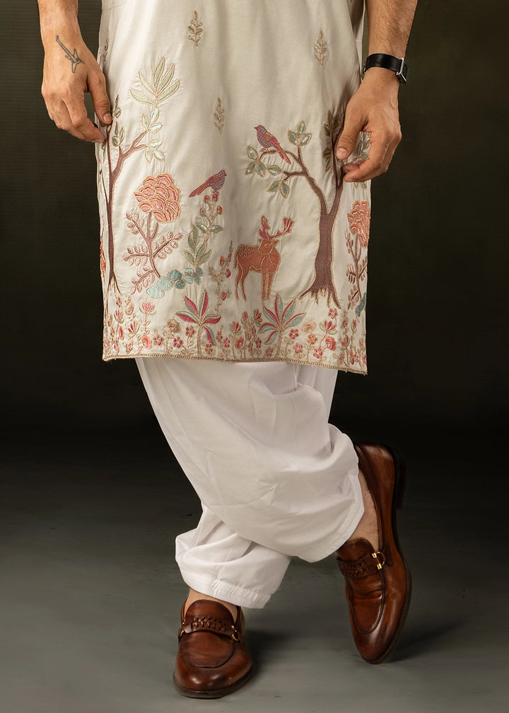 Cream White Rayon Printed Kurta Pajama Set with Fine Embroidery