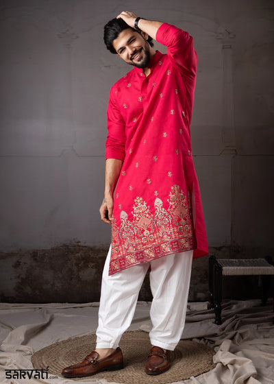 Raspberry Pink Rayon Printed Kurta Pajama Set with Fine Embroidery