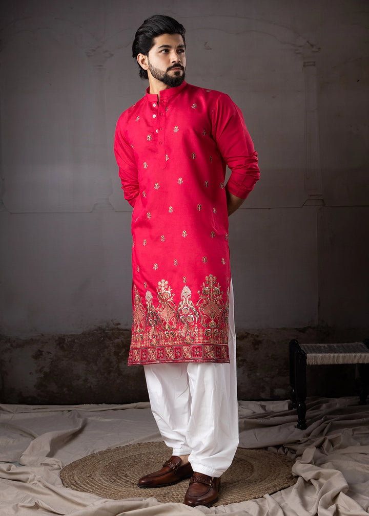 Raspberry Pink Rayon Printed Kurta Pajama Set with Fine Embroidery