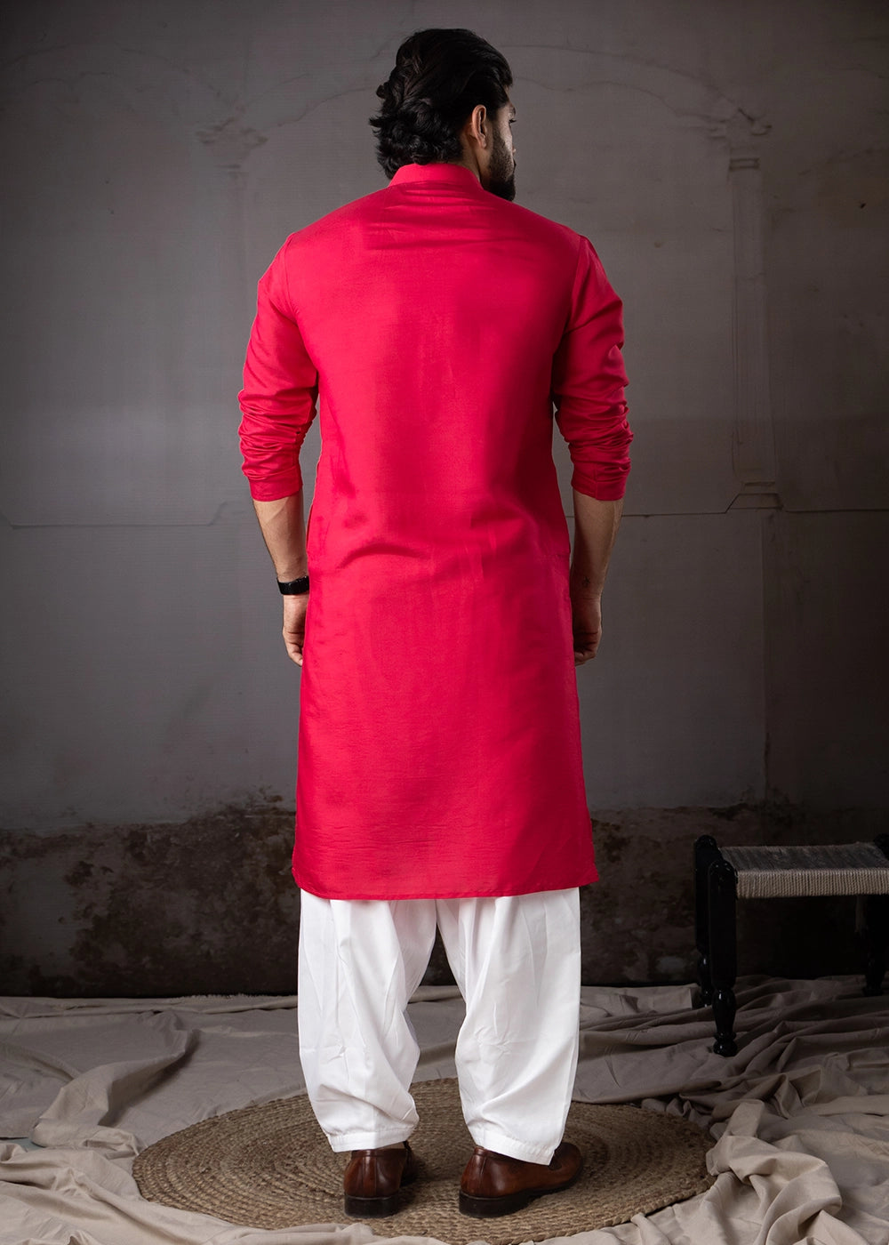 Raspberry Pink Rayon Printed Kurta Pajama Set with Fine Embroidery